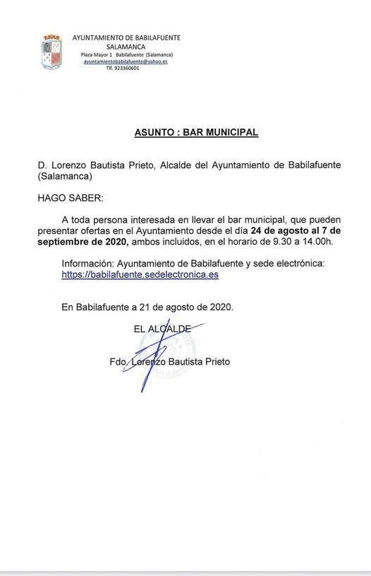 El Ayuntamiento de Babilafuente ofrece el bar en alquiler