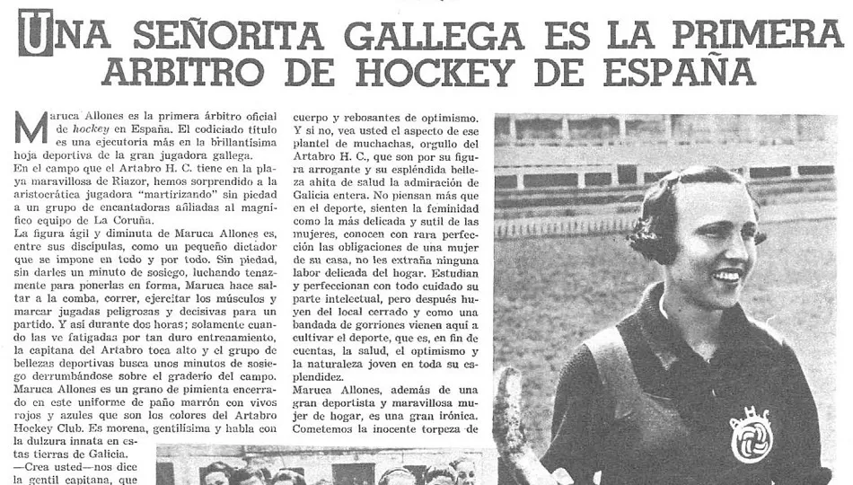 Maruca Allones, primera mujer árbitro de hockey, en la noticia de prensa.