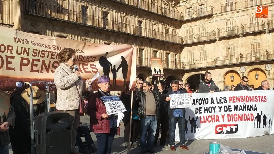 Una manifestación por la mejora de las pensiones en la Plaza Mayor. Fotos: Lydia González y Leticia González
