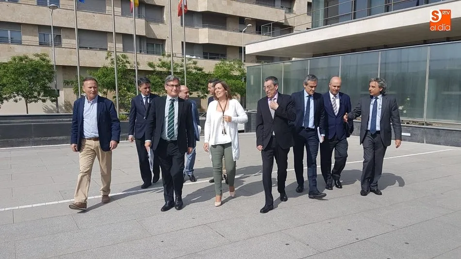 La consejera de Agricultura y Ganadería y portavoz de la Junta de Castilla y León, Milagros Marcos, en el centro, a su llegada a Salamanca