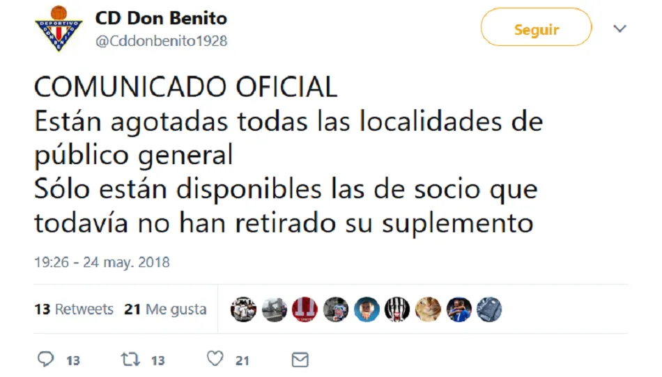 Captura de pantalla del comunicado del Don Benito en twitter.