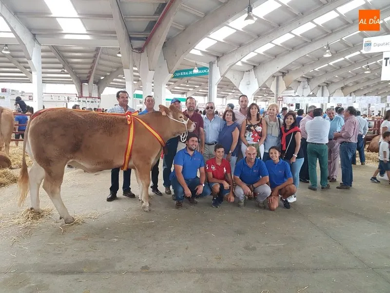 El ganadero extremeño Juan Luis Muñoz, con la novilla campeona de la raza limusina