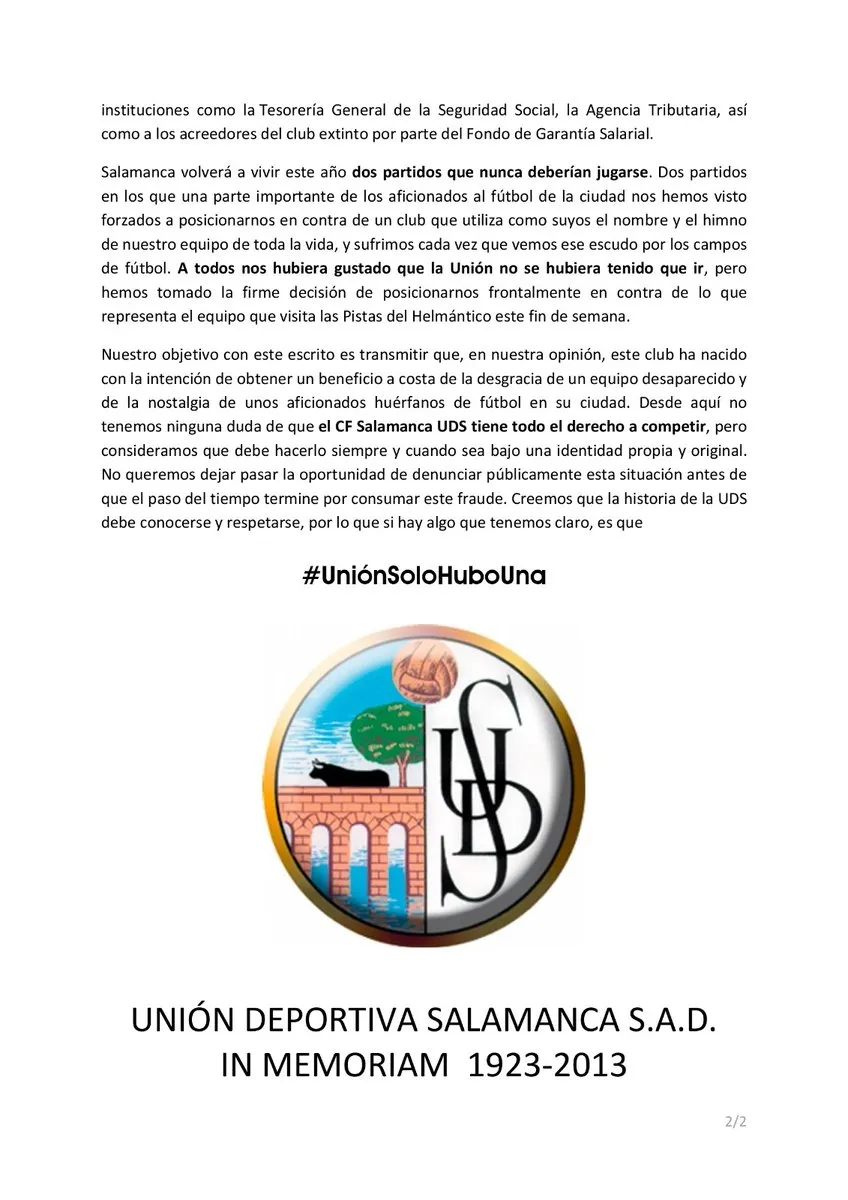 Foto 2 - Seguidores de Unionistas atacan al Salamanca UDS en las redes con el lema #Uni&oacute;nSoloHuboUna