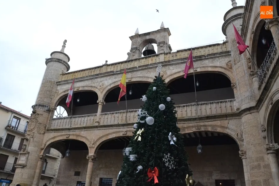Colocado el Árbol de Navidad de la Plaza Mayor, que estrena posición  