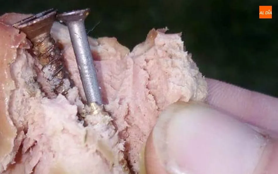 Trozo de salchicha con varios tornillos en su interior