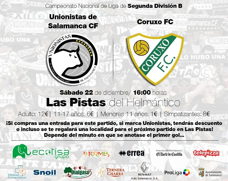 Unionistas pone a la venta las entradas para el partido ante el Coruxo