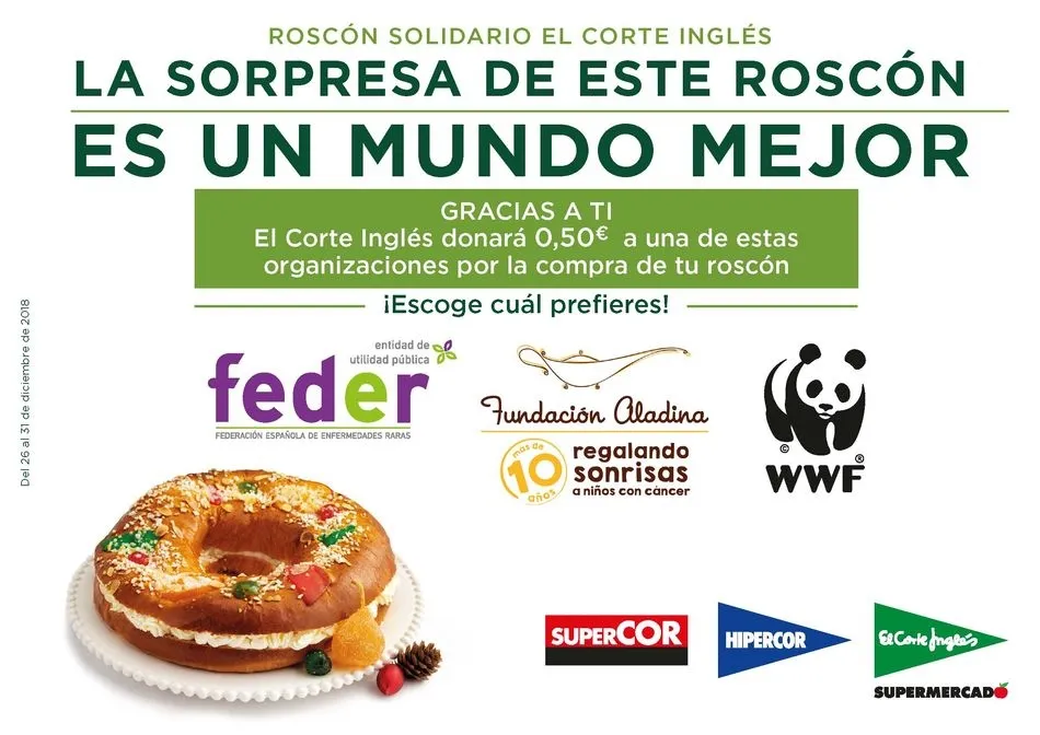 El Corte Inglés entrega 16.123 euros a Aladina, Feder y WWF gracias al Roscón de Reyes Solidario  