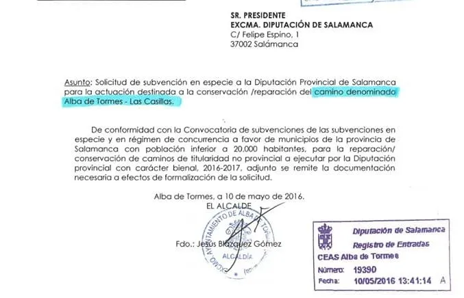 Documento publicado por el PSOE, donde pide el arreglo de un camino en Las Casillas