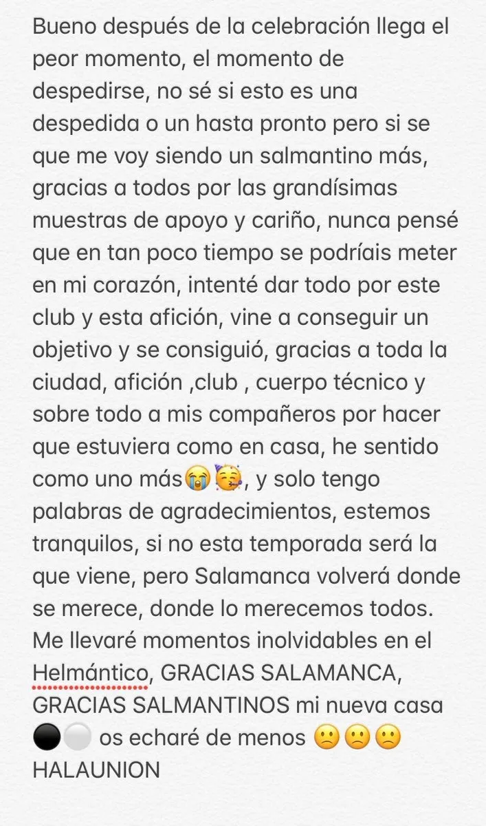 Foto 2 - V&iacute;ctor Mena se despide del Salamanca UDS en redes sociales, aunque no descarta volver
