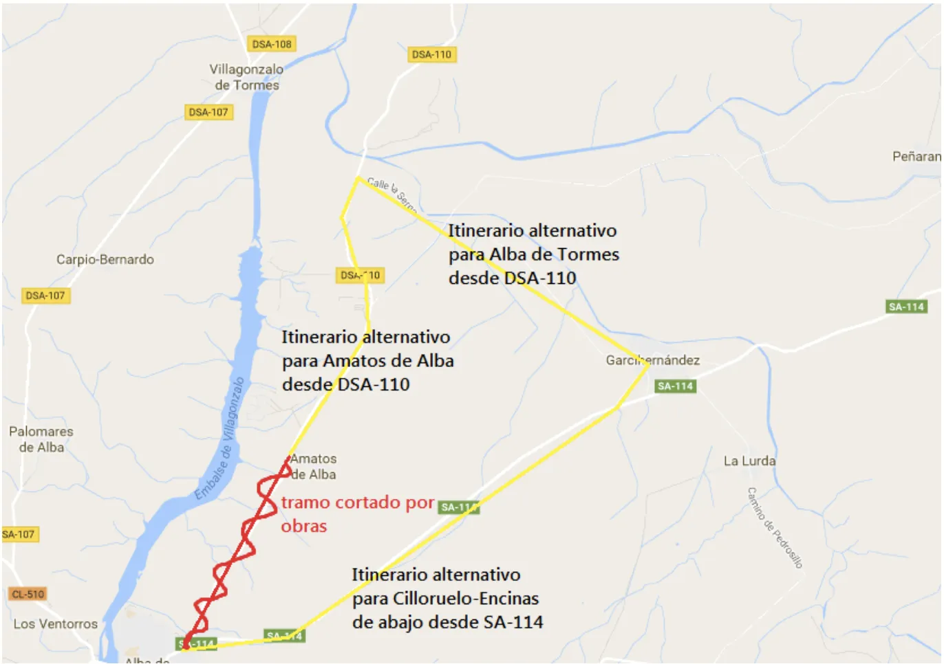 Itinerario alternativo y tramo en obras