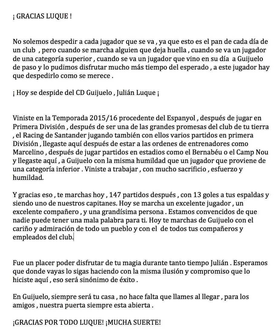 Foto 2 - El Guijuelo se despide de Juli&aacute;n Luque con una emotiva carta
