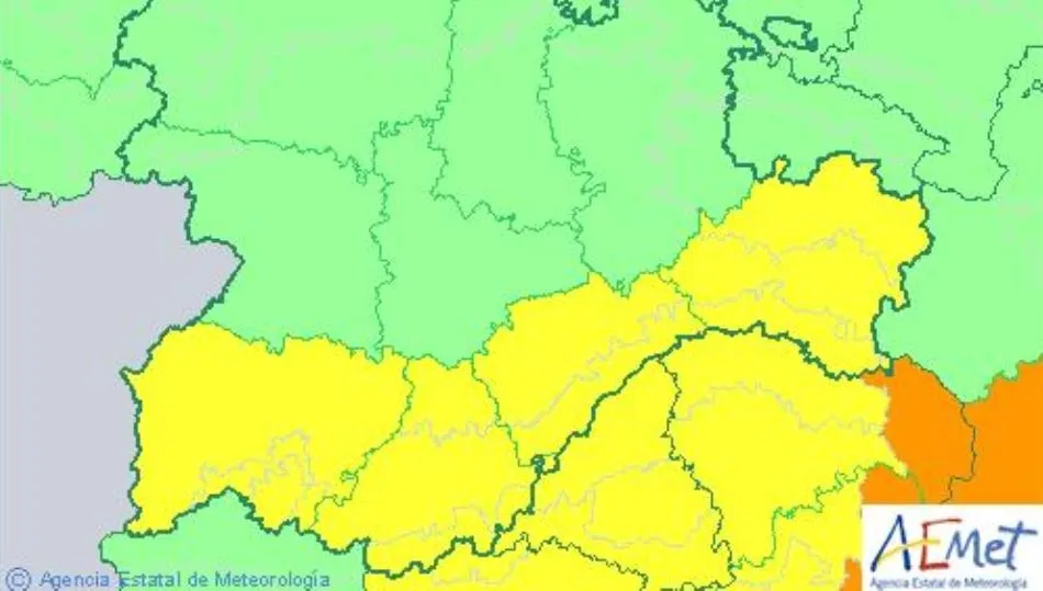 En amarillo las provincias que la AEMET considera que tienen riesgo de tormenta, incluida Salamanca