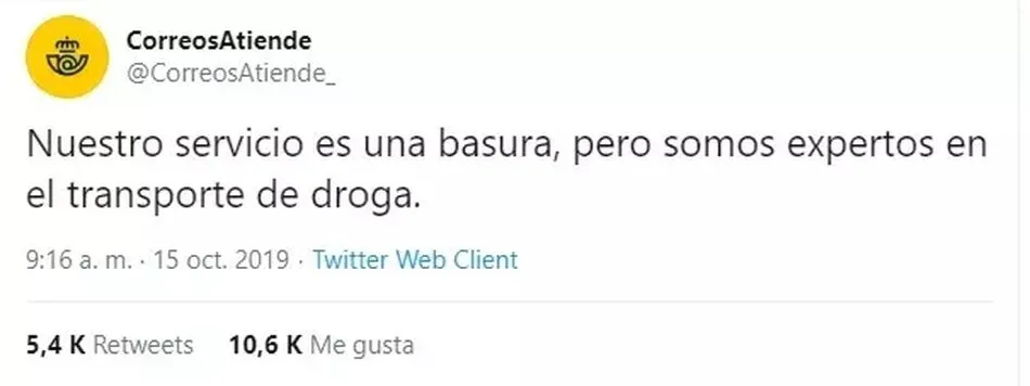 Uno de los mensajes publicados en la cuenta hackeada de Correos en Twitter / EP