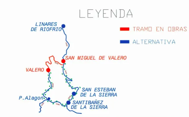 Tramo de la carretera que será cortado y vía alternativa