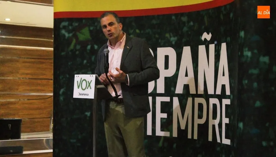 El secretario general de Vox, Javier Ortega-Smith, en el acto celebrado hoy en Salamanca. Foto: Lydia González