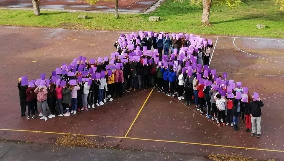 Alumnos del IES Campo Charro de La Fuente de San Esteban forman un gran lazo morado  