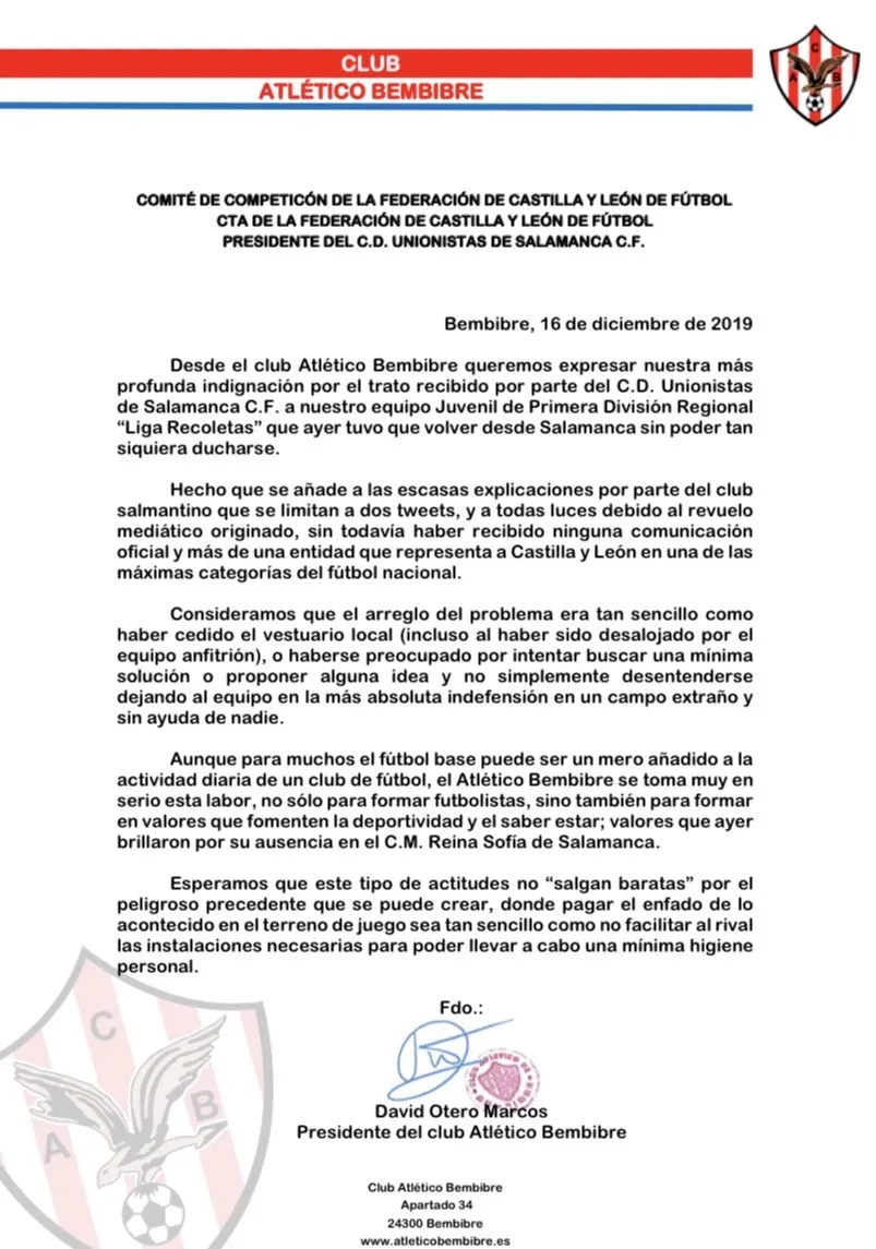 Foto 2 - El Atl&eacute;tico Bembibre se queja del trato de Unionistas a su equipo juvenil