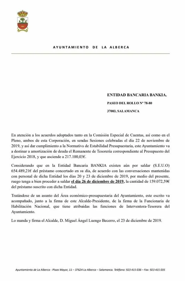 Foto 2 - El Ayuntamiento de La Alberca reduce su deuda en 217.000 euros