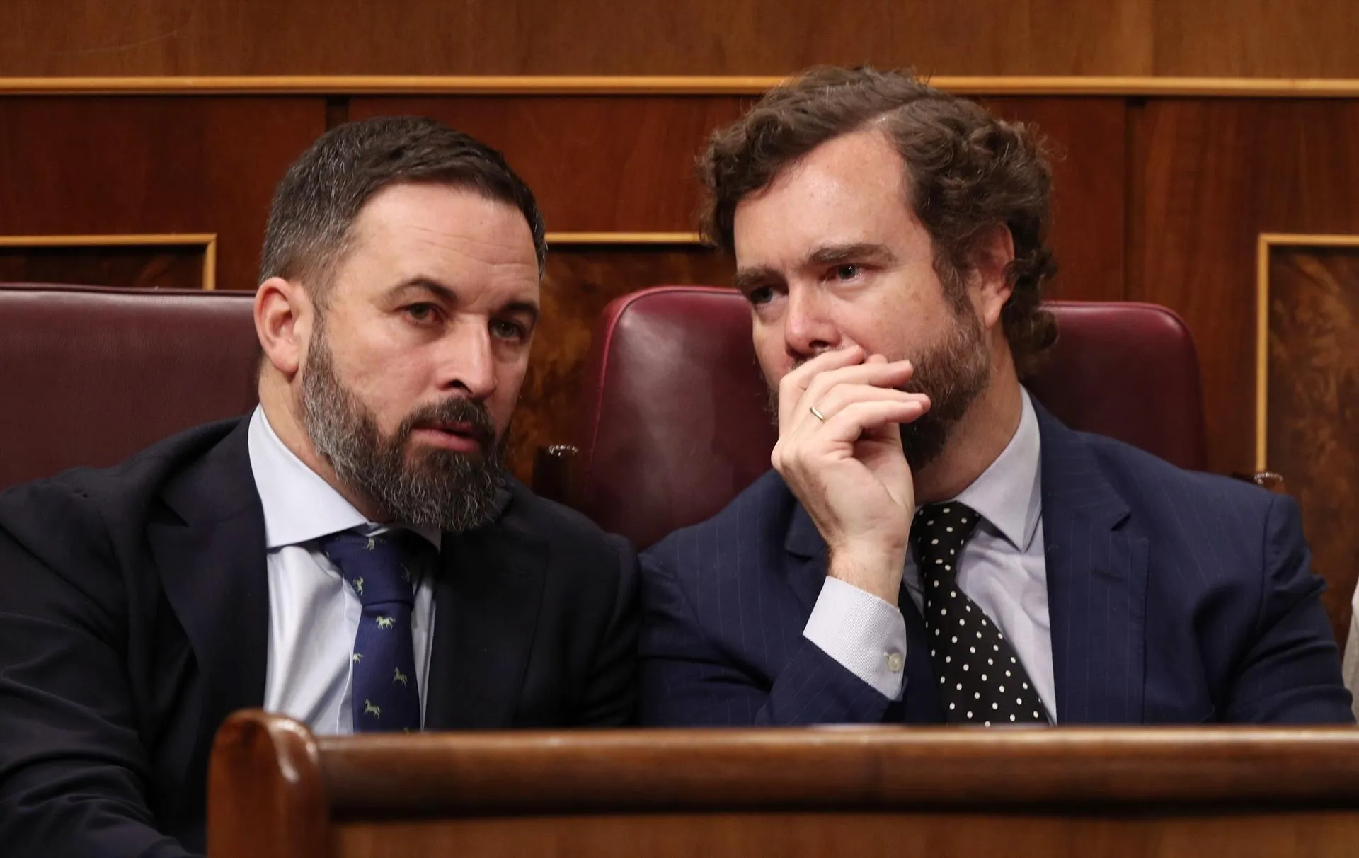 El presidente de Vox, Santiago Abascal, y el portavoz del partido en el Congreso de los Diputados, Iván Espinosa de los Monteros, hablan en sus escaños en el hemiciclo del Congreso / Europa Press