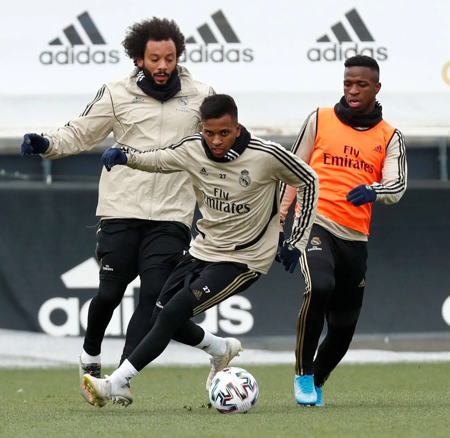 Los brasileños Marcelo, Rodrygo y Vinícius, en un entrenamiento
