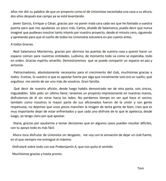 Foto 2 - Tom, responsable de Relaciones Institucionales de Unionistas decide no continuar en el club