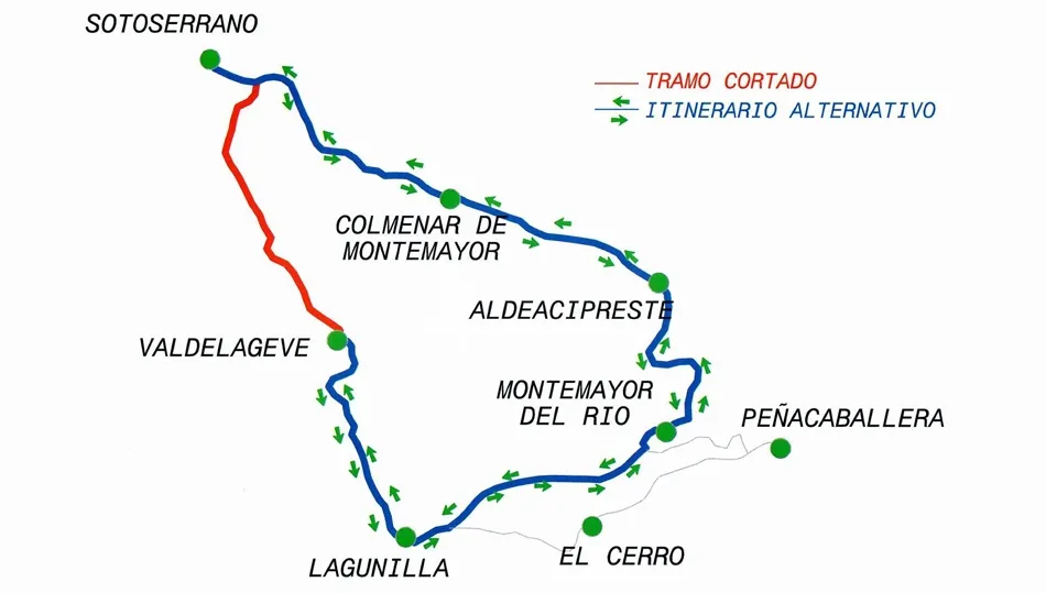 Carretera cortada y recorrido alternativo