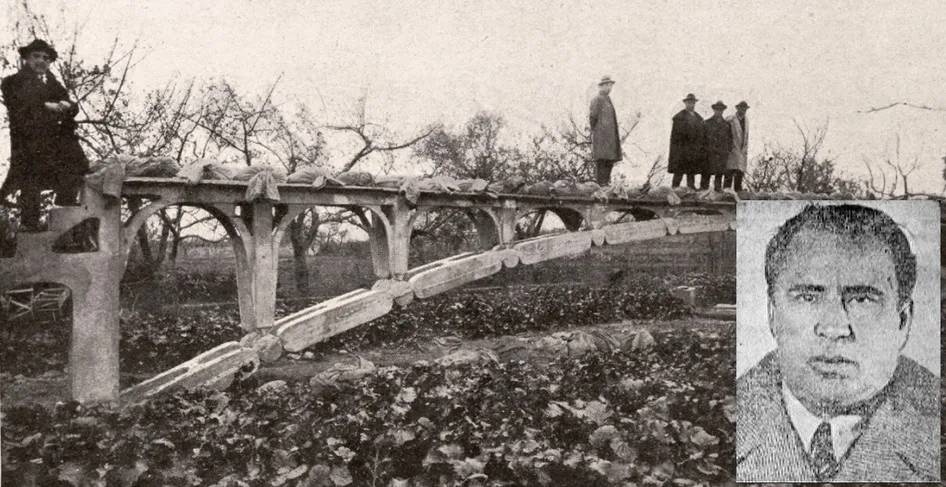Puente que Gallego regaló a Villoria y en el que ensayó con éxito su modelo de arco funicular. En el recuadro, una imagen del ingeniero e inventor