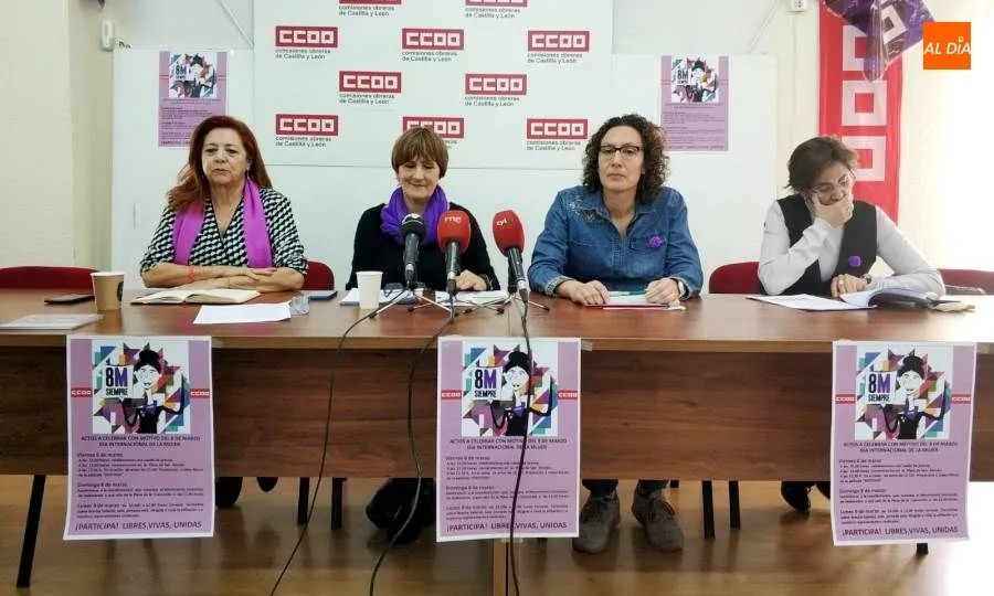 Rueda de prensa de CCOO con Marisol García (pensionistas), Pilar Blanco (servicios a la ciudadanía), Laura Mayo (enseñanza) y María Ángeles Salinero (sector sanitario). Foto de Lydia González