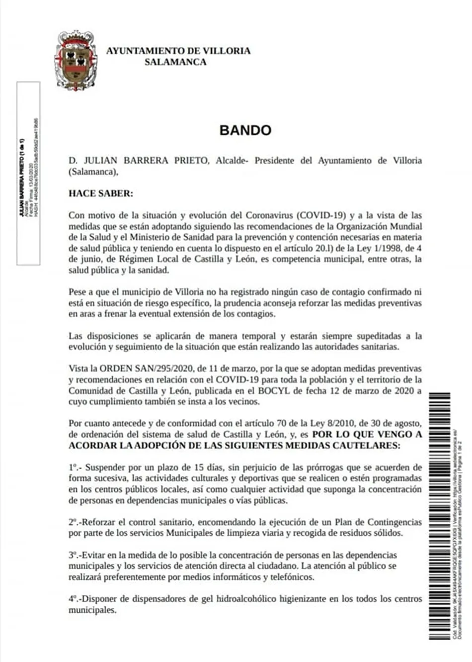 Foto 4 - Los Ayuntamientos de Las Villas publican bandos referentes al coronavirus