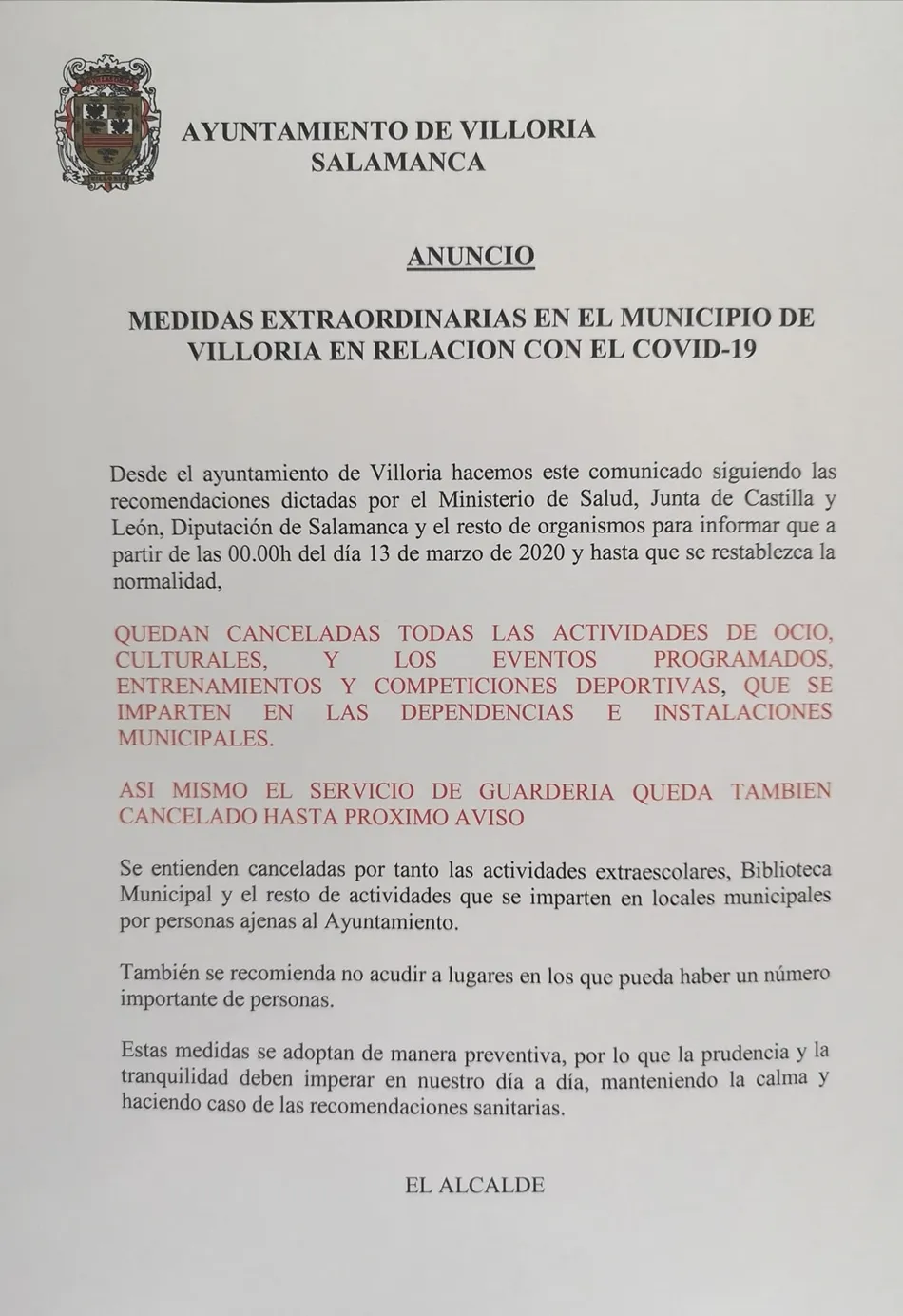 El Ayuntamiento de Villoria infunde calma desde las redes sociales