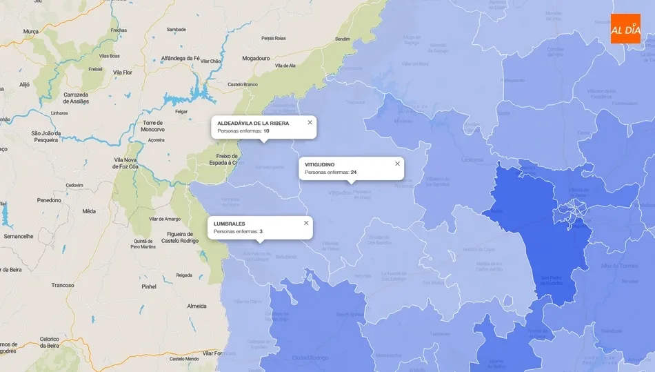 Mapa sanitario de la provincia con las tres zonas básicas de salud de la comarca de Vitigudino / FUENTE: JCyL