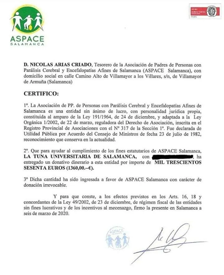 Foto 2 - La Tuna Universitaria de Salamanca entrega a ASPACE&nbsp; 1.300 euros  