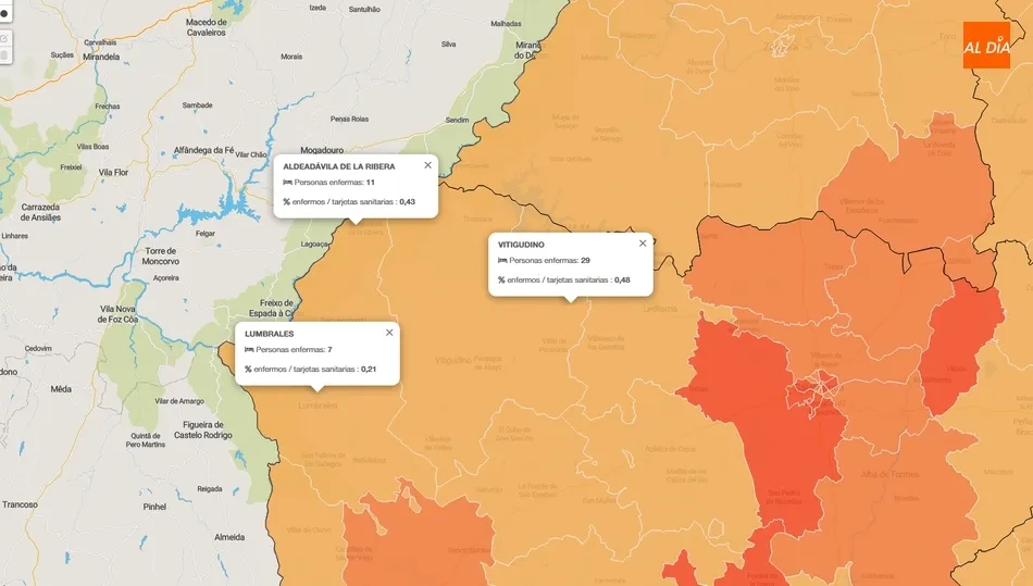 Mapa con las las tres zonas básicas de salud del Partido Judicial de Vitigudino / INFOGRAFÍA: JCyL