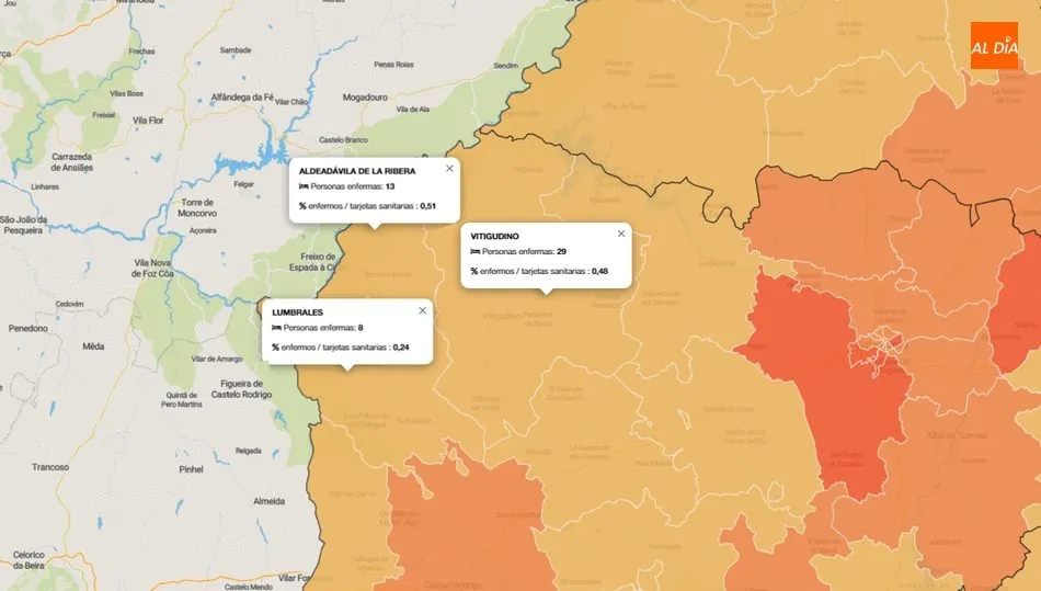Mapa con las las tres zonas básicas de salud del Partido Judicial de Vitigudino / INFOGRAFÍA: JCyL