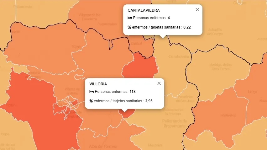 Mapa con datos de coronavirus en zonas básicas de salud de Cantalapiedra y Villoria. / Junta de Castilla y León