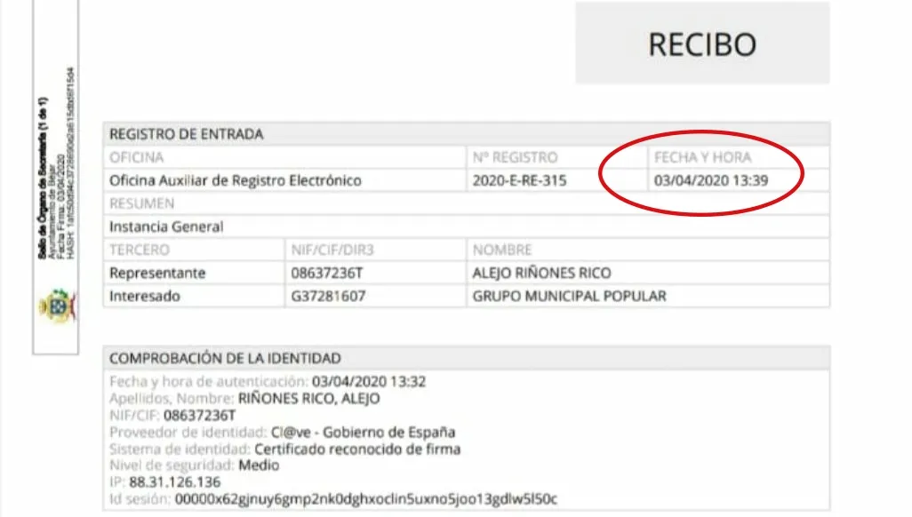 Recibo del Partido Popular del registro en el Ayuntamiento de las medidas propuestas