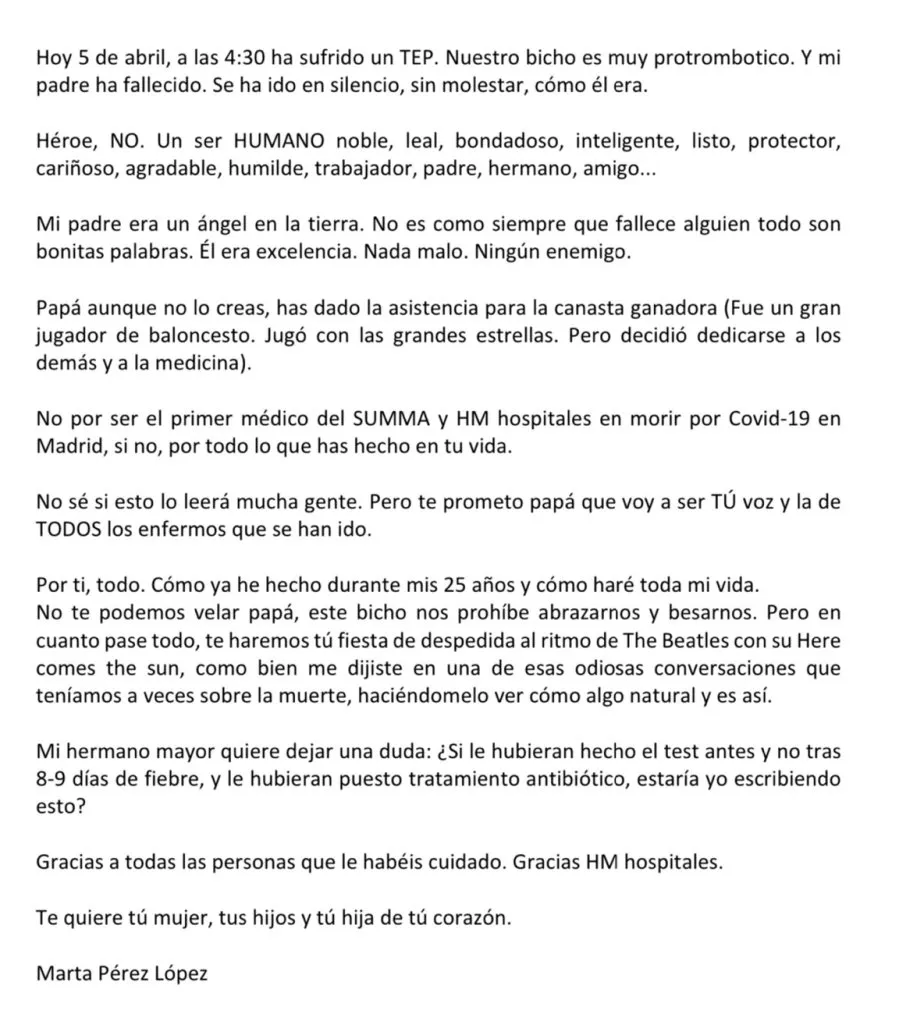 Foto 3 - Emotiva y dura carta de la hija del m&eacute;dico fallecido por coronavirus en Madrid