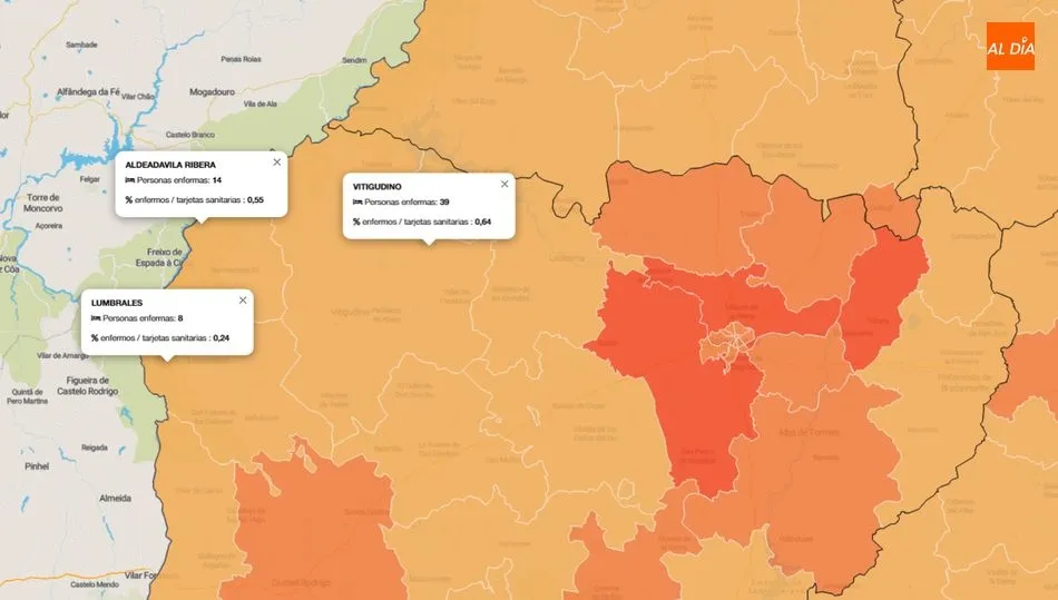 La zona Básica de Salud de Vitigudino es la más afectada con 39 enfermos  / INFOGRAFÍA: JCyL