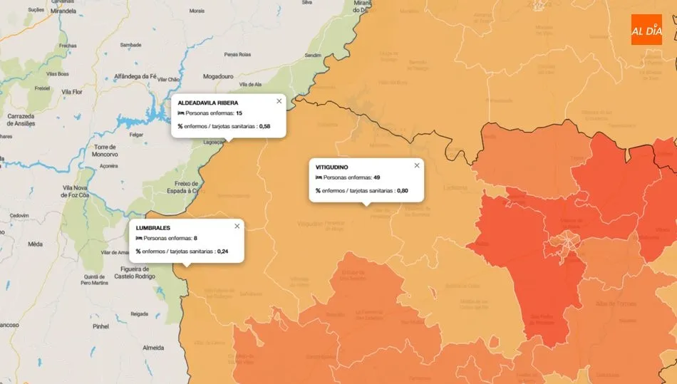 La Zona Básica de Salud de Vitigudino presenta 49 infectados, por 15 la Zona de Aldeadávila y 8 la Zona de Salud de Lumbrales / INFOGRAFÍA/ JCyL