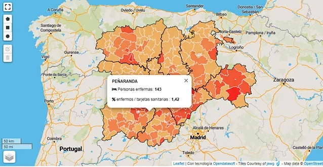 Mapa de la evolución de contagios del Covid-19 en la Zona Básica de Salud de Peñaranda ofrecido por la Junta