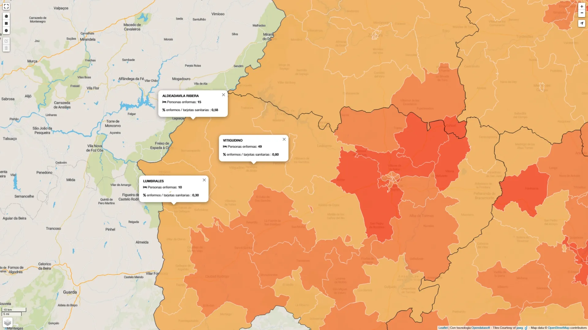 La Zona Básica de Salud de Vitigudino presenta 49 infectados, por 15 la Zona de Aldeadávila y 10 la Zona de Salud de Lumbrales / INFOGRAFÍA/ JCyL