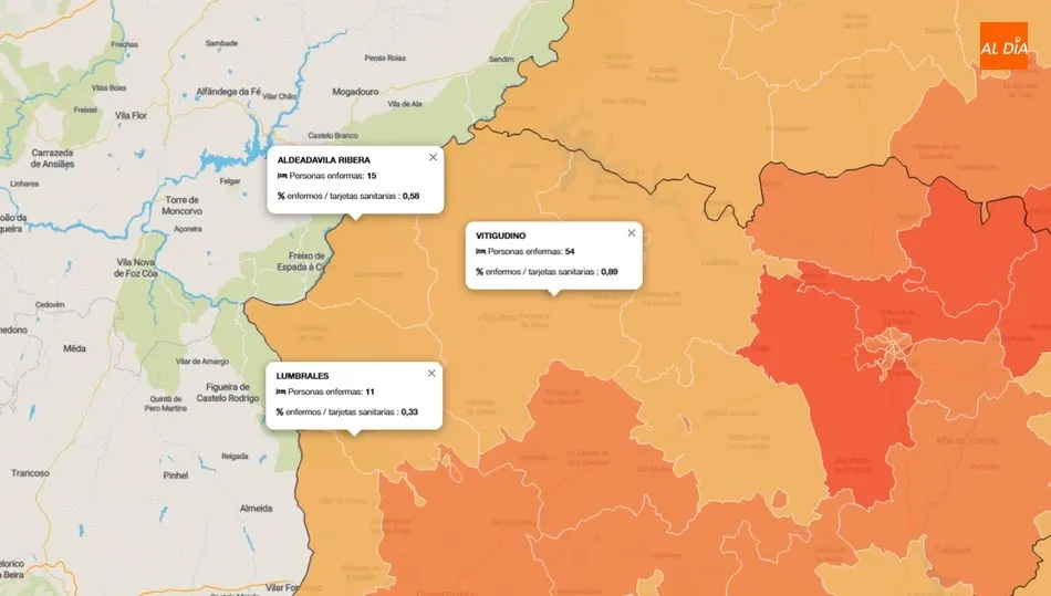 La Zona Básica de Salud de Vitigudino presenta 54 infectados, por 15 la Zona de Aldeadávila y 11 la Zona de Salud de Lumbrales / INFOGRAFÍA/ JCyL