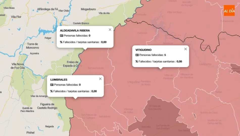 Mapa de fallecidos por Covid-19 en las tres zonas básicas de salud de las Arribes / INFOGRAFÍA: JUNTA DE CASTILLA Y LEÓN