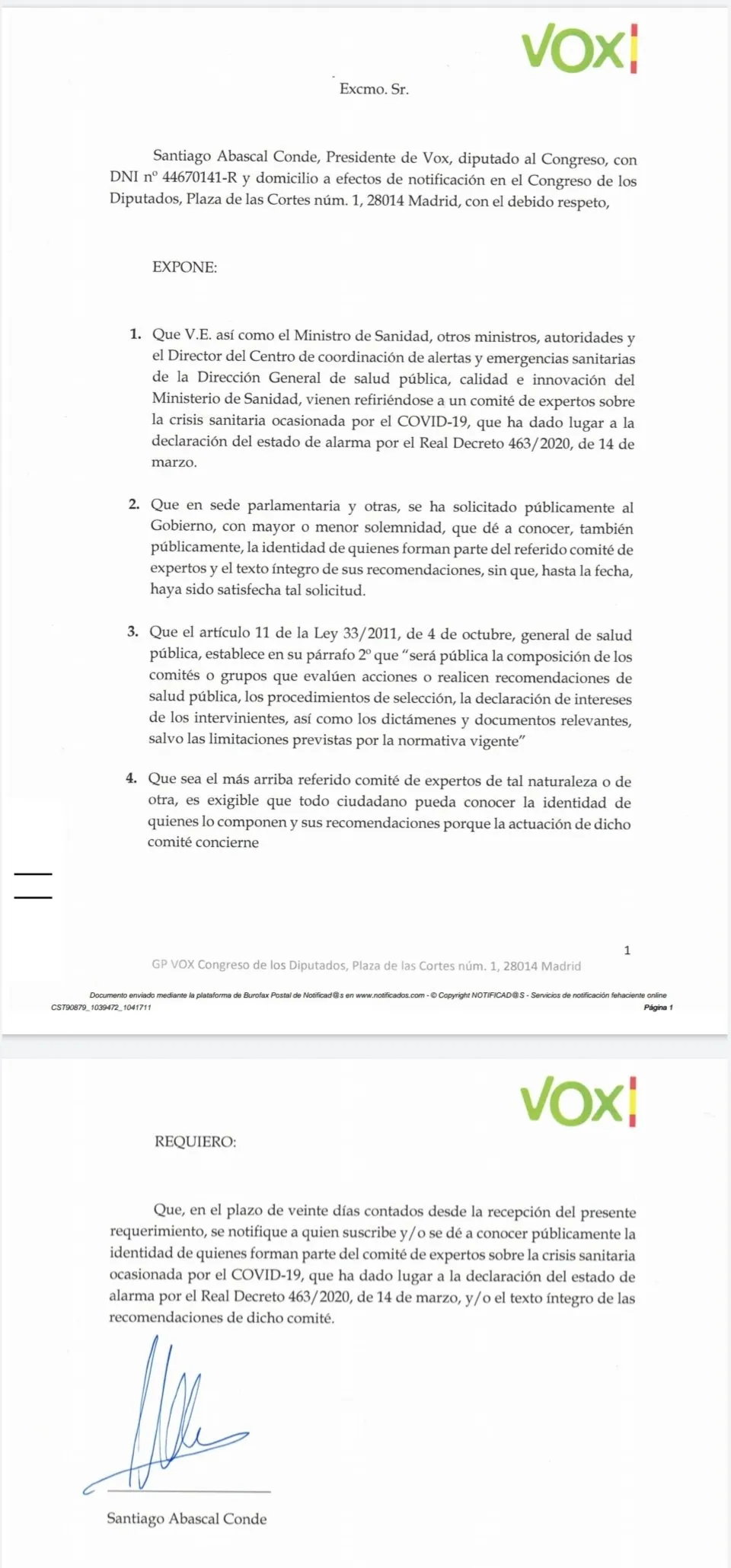 Foto 2 - Abascal env&iacute;a un burofax a S&aacute;nchez para exigir la identidad de los expertos de Sanidad que...