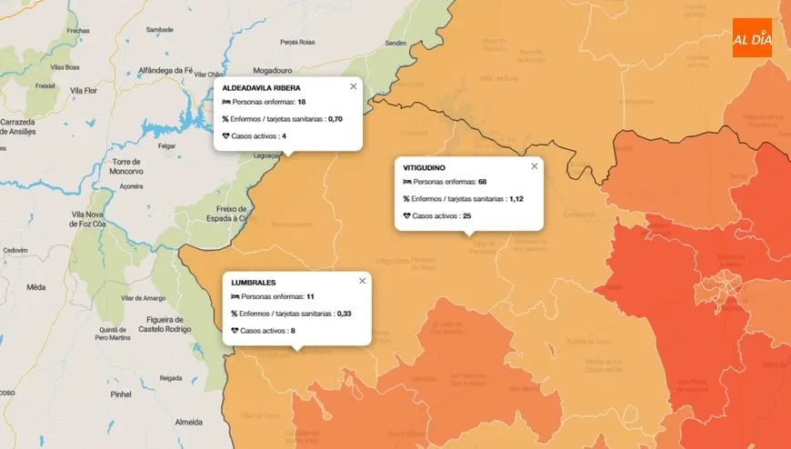 En el mapa de datos acumulados, la ZBS de Vitigudino aparecía ayer miércoles con 68 contagios, mientras que el día anterior eran 65 / INFOGRAFÍA: JCyL