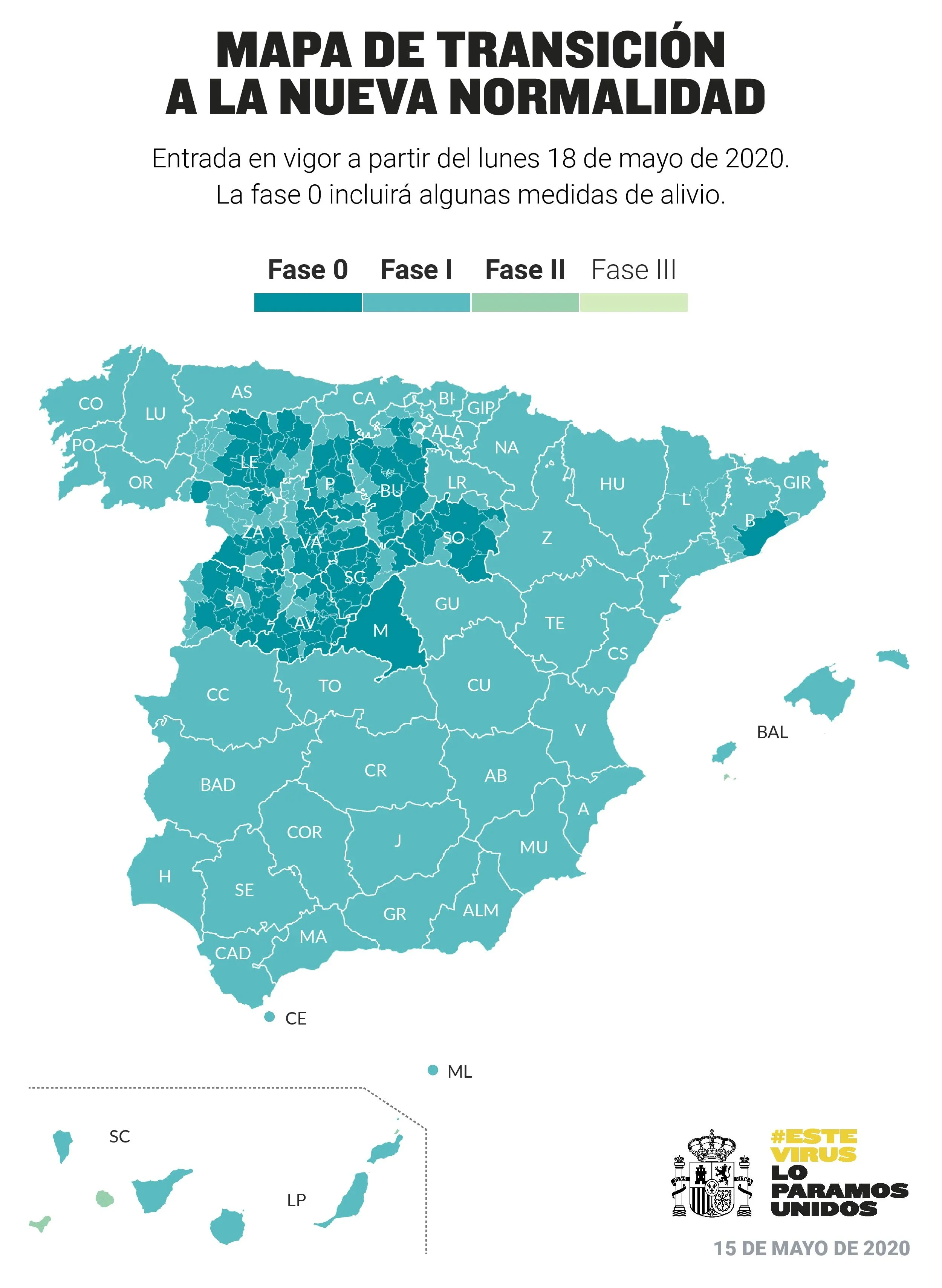 Mapa de transición a la nueva normalidad para el lunes, 18 de mayo.