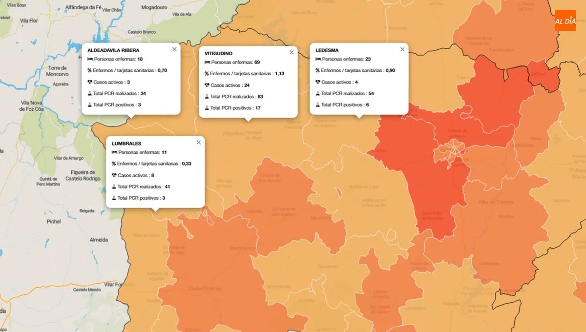 Mapa de los enfermos acumulados desde el 29 de febrero y número de casos activos y PCRs realizados  / INFOGRAFÍA; JCyL