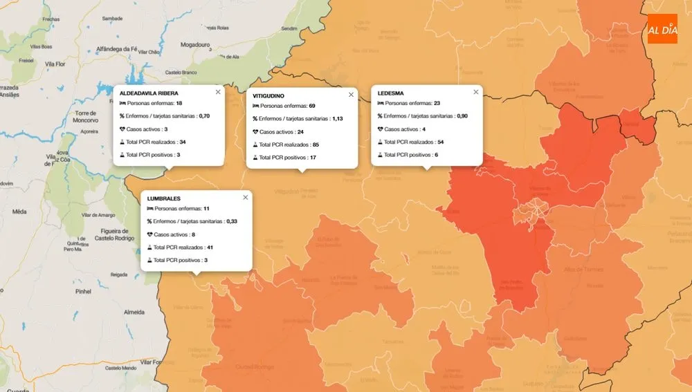 Mapa de los enfermos acumulados desde el 29 de febrero y número de casos activos y PCRs realizados  / INFOGRAFÍA: JCyL