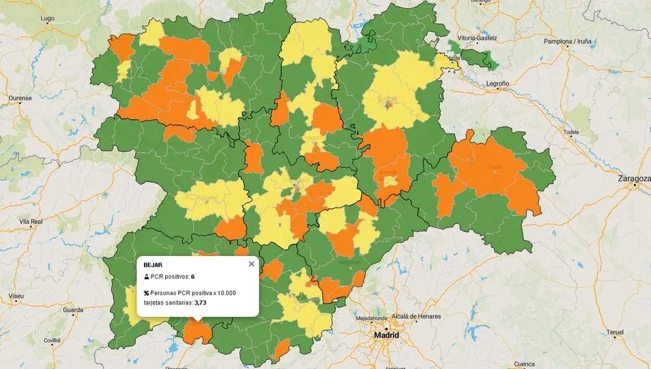 Mapa de pruebas PCR en la zona de salud de Béjar. Datos oficiales de la Junta de Castilla y León
