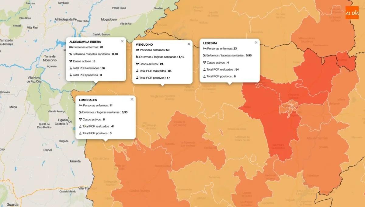 Mapa acumulado de personas enfermas desde el 29 de febrero y en el que se aprecian los dos nuevos casos en la ZBS de Aldeadávila/ INFOGRAFÍA: JCyL